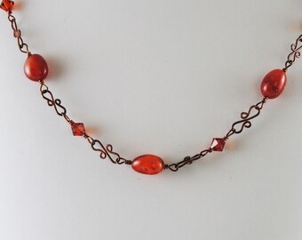 Carnelian with antiqued copper and Swarovski crystals necklace, handcrafted links