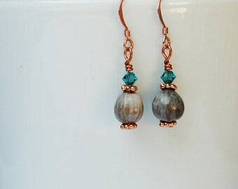 Natural Job's Tears and copper earrings with blue green Swarovski crystals, eco-friendly