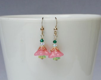 Pink Czech glass flower earrings sterling silver and Swarovski crystal