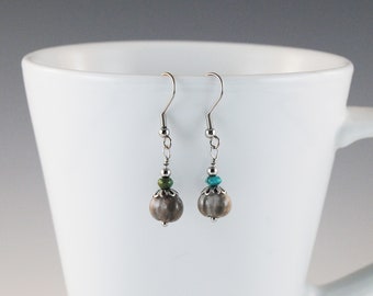 Earrings with Job's Tears and genuine Turquoise, steel, hypoallergenic