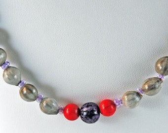 Job's Tears Necklace with Purple Salwag Beads and Red Magnesite beads, 31 inches long