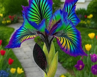 Pode incluir: Uma vibrante flor de íris num vaso branco, exibindo um espectro de cores. As pétalas transitam do roxo profundo para o azul elétrico, verde e amarelo, com padrões lineares escuros. A flor está situada em um jardim com um caminho.