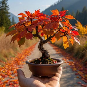 May include: A small bonsai tree with vibrant red and orange leaves, set in a brown ceramic pot. The tree's twisted trunk and branches are visible. The bonsai is held in a hand, with a blurred background of a path covered in fallen leaves.