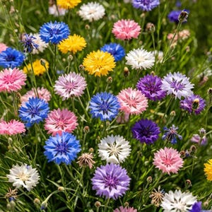May include: A vibrant field of colorful wildflowers in full bloom. The flowers display a variety of colors, including blue, pink, yellow, white, and purple, set against a backdrop of green foliage. The image is a close-up shot, highlighting the intricate details of the petals.