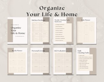 May include: A collection of beige and white printable planner pages with headings like "Organize Your Life & Home", "Kitchen Declutter", and "Daily Planner". The pages have a minimalist design with lines for writing and a neutral color scheme.