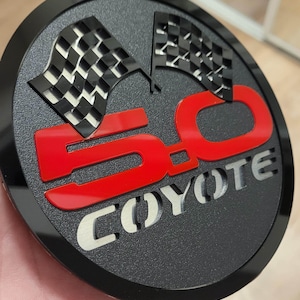 Mustang Emblem 5.0 Coyote Stealth Black Badge: 5.5" Acrylic Steel Round Trunk Accessory
