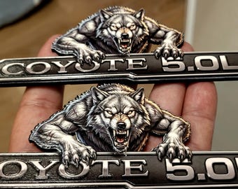 Coyote 5.0L Angry Emblem Pair: UV-Printed 3D Textured Acrylic Mustang Badge (6" Long)