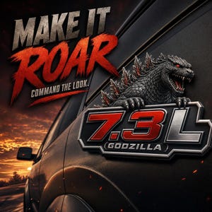 Emblema Godzilla de 7.3L con ojo rojo, emblema texturizado 3D, par de emblemas acrílicos para camionetas y SUV de 5x2.97".