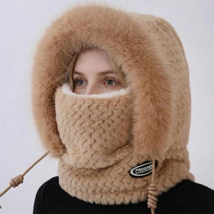 Winter Plush Hood Hat Scarf Mask, Warm Windproof Polyester