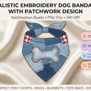 Puede incluir: Un gráfico digital de un pañuelo para perro con un diseño de mezclilla tipo patchwork en varios tonos de azul, acentuado con esquinas a cuadros rojos y blancos y una forma de hueso central estilo bordado con costuras marrones.
