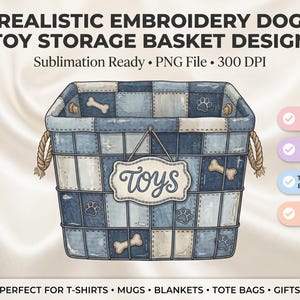 Puede incluir: Una cesta de almacenamiento rectangular con diseño de patchwork en azul y blanco, decorada con ilustraciones de huesos y huellas. Una etiqueta central cuelga de una cuerda con la palabra TOYS escrita en cursiva. La cesta tiene dos asas de cuerda.