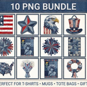 May include: A digital collection of 10 patriotic PNG files featuring denim-textured illustrations of the American flag, a star, a bald eagle, a top hat, the Statue of Liberty, a map of the USA, fireworks, a bell, and a floral wreath.