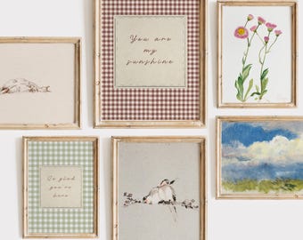 Set med barnrumstryck "You Are My Sunshine", ginghamcitat och mjuk pastellkonst med naturmotiv
