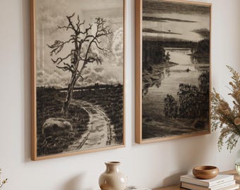 Stämningsfullt landskapskonstset, vintage nordiskt konstverk, minimalistiskt skogssjötryck, digital nedladdning av natur