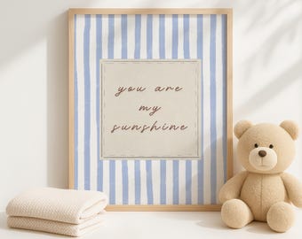 You Are My Sunshine Vintage Print, Nursery Decor, Handwritten Quote, Blue and Cream Art