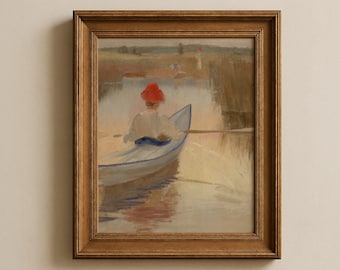 Kvinna som rodder konst, impressionistiskt konstverk, vintage båt på vattenmålning,