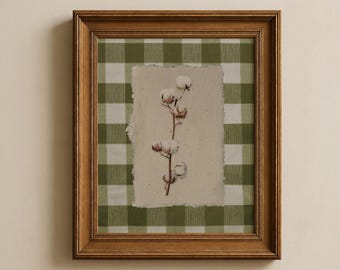 Vintage bomullsstjälkkonst, antikt inspirerat botaniskt tryck, neutral lantlig inredning