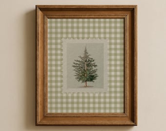 Vintage Cedar Print Wall Art, Green Gingham Printable, Cottage Style Decor