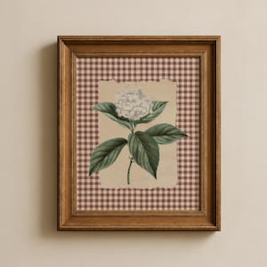 May include: A framed botanical print featuring a white hydrangea flower with green leaves. The artwork is set against a tan background with a torn edge, placed over a brown and white checkered pattern. The frame is made of brown wood.
