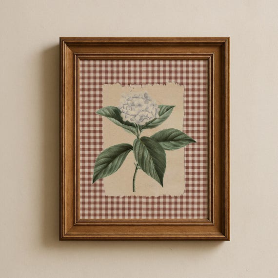 White Hydrangea Wall Art, Soft Vintage Print, Gingham Style, Multiple Sizes Included