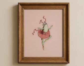 Vintage ballerina groda illustration, utskrivbar sagoboksstil, trädgårdsinspirerad konst