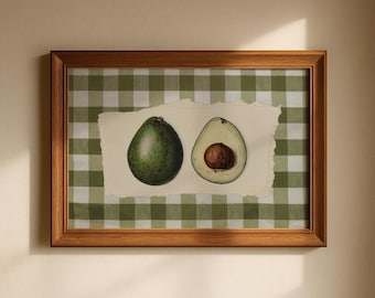 Vintage Avocado Art, Kitchen Gingham Decor, Fruit Illustration Print