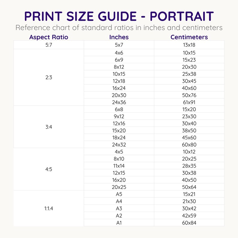 May include: A print size guide in portrait format, detailing standard ratios in inches and centimetres. The chart presents aspect ratios such as 5:7, 2:3, 3:4, 4:5, and 1:1.4, alongside their inch and centimetre equivalents.