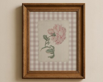 Vintage Rose Illustration Print, Cottagecore Pink Gingham Decor, Soft Palette Art