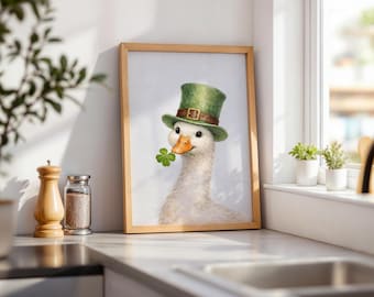 Vintage gås väggkonst för Saint Patricks Day, akvarell lyckoklöver barnrumskonst