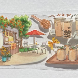 May include: A watercolor illustration of a tea shop with a red umbrella, a table and chairs, and a variety of drinks, including milk tea, boba tea, and pudding. The illustration is on a white background.