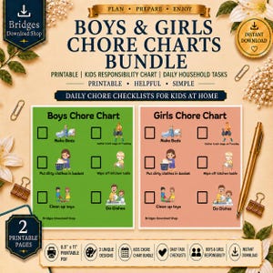 May include: A digital bundle of printable chore charts for children, featuring a green chart for boys and a peach chart for girls. Each chart includes checkboxes and illustrations for tasks like making beds, gathering trash, laundry, and doing dishes.