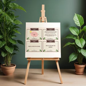 Könnte beinhalten: Eine hölzerne Staffelei zeigt eine Leinwand mit vier humorvollen Drucken. Die Drucke zeigen einen rosa Gehirncharakter und den Text "Get Your Priorities Straight". Die Staffelei steht vor einer dunkelgrünen Wand, flankiert von Topfpflanzen.