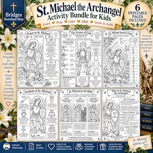 May include: A digital activity bundle featuring six printable pages about St. Michael the Archangel for kids. The pages include line art illustrations of the archangel, educational text, prayers, and interactive games like search and find.