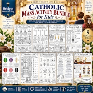 May include: A Catholic Mass activity bundle for kids featuring nine printable pages with black and white illustrations. The pages include titles like What Happens at Mass, Parts of the Mass, The Eucharist, My Mass Listening Page, and Liturgical Colors.