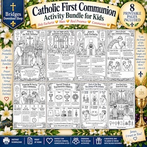May include: A Catholic First Communion activity bundle for kids featuring eight printable pages with black and white illustrations, religious text, and educational content about the Holy Eucharist, the Mass, and sacred vessels for faith-filled families.
