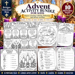 Peut inclure: Un ensemble d'activités de l'Avent pour enfants comprenant 10 pages imprimables avec des illustrations en noir et blanc. Le kit inclut des roues de prière sur les O Antiennes, des coloriages, des fiches de réflexion et des jeux.