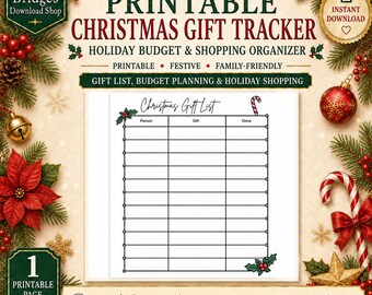 Może przedstawiać: Dokument do druku do śledzenia prezentów świątecznych z siatką zawierającą kolumny Person, Gift i Done. Nagłówek brzmi Christmas Gift List, ozdobiony ostrokrzewem i laską cukrową. Strona ma wymiary 21,59 cm na 27,94 cm do planowania budżetu świątecznego.