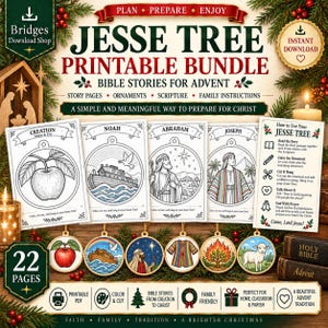 Peut inclure: Un ensemble imprimable Jesse Tree proposant des histoires bibliques pour l'Avent avec 22 pages de récits, ornements, écritures et instructions familiales. Le lot inclut des pages à colorier en noir et blanc sur la Création, Noé, Abraham et Joseph.