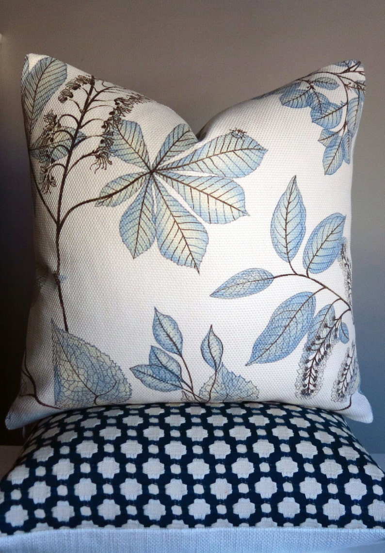 Blue Floral Pillow Cover Botanical Ivory Tan Taupe Brown Etsy