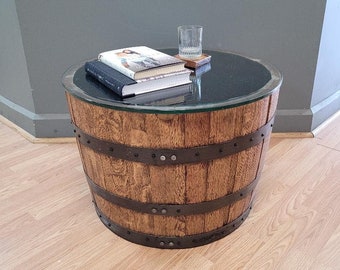 Real Half Whiskey Barrel Coffee Table-End Table c/Glass Top-FREE SHIPPING