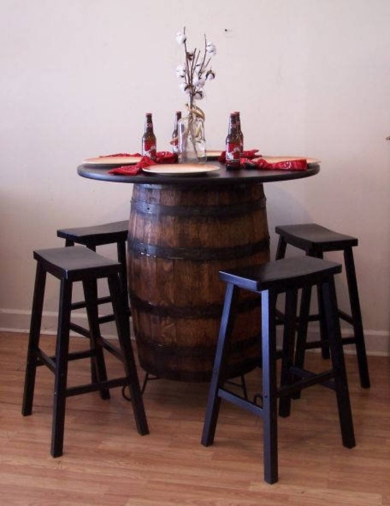 Whiskey Barrel Table with 36/" Black Table Top-Reversible to Mahogany