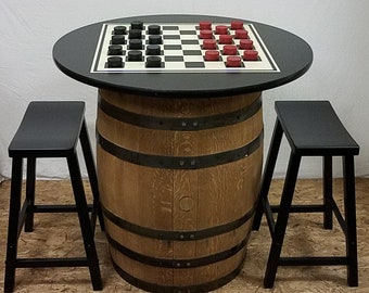 Whiskey Barrel c/36" Black Table Top-Checker Board-Checkers-2 Bar Stools-FREE SHIPPING