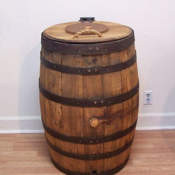 Whiskey Barrel Trash Can with Double Hinged Lid and Liner=FREE SHIPPING