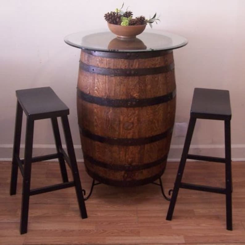 Whiskey Barrel Table C/30 Glass Topwrought Iron Stand2 29 Bar Stools