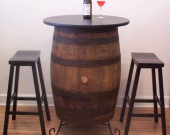 Whiskey Barrel Table-30" Table Top-Stand-(2) 29" Black Bar Stools-FREE SHIPPING