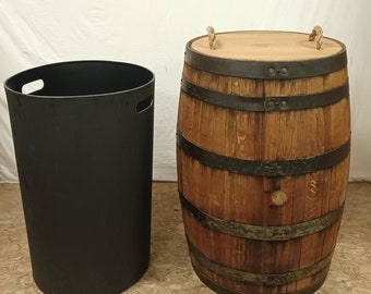 Whiskey Barrel Trash Can with Liner and Lid with Double Rope Handle-FREE SHIPPING