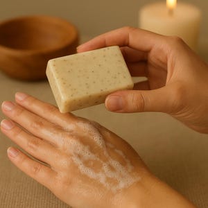 以下が含まれることがあります： 暗い斑点のあるベージュ色の長方形の石鹸が、白い泡で覆われた手の上に置かれています。木製のボウルと火の灯ったろうそくは、スパやセルフケアをテーマにしています。