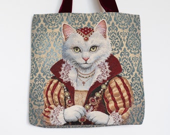 Unique tote bag with royal cat pattern, Tapestry bag