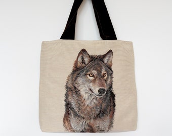 Tapestry tote bag, unique tote bag with the wolf pattern