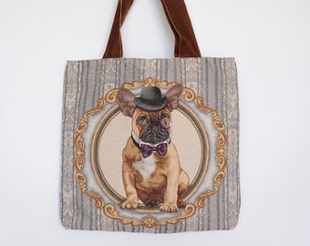 Unique tote bag with the French bulldog  in the hat pattern, Tapestry  bag